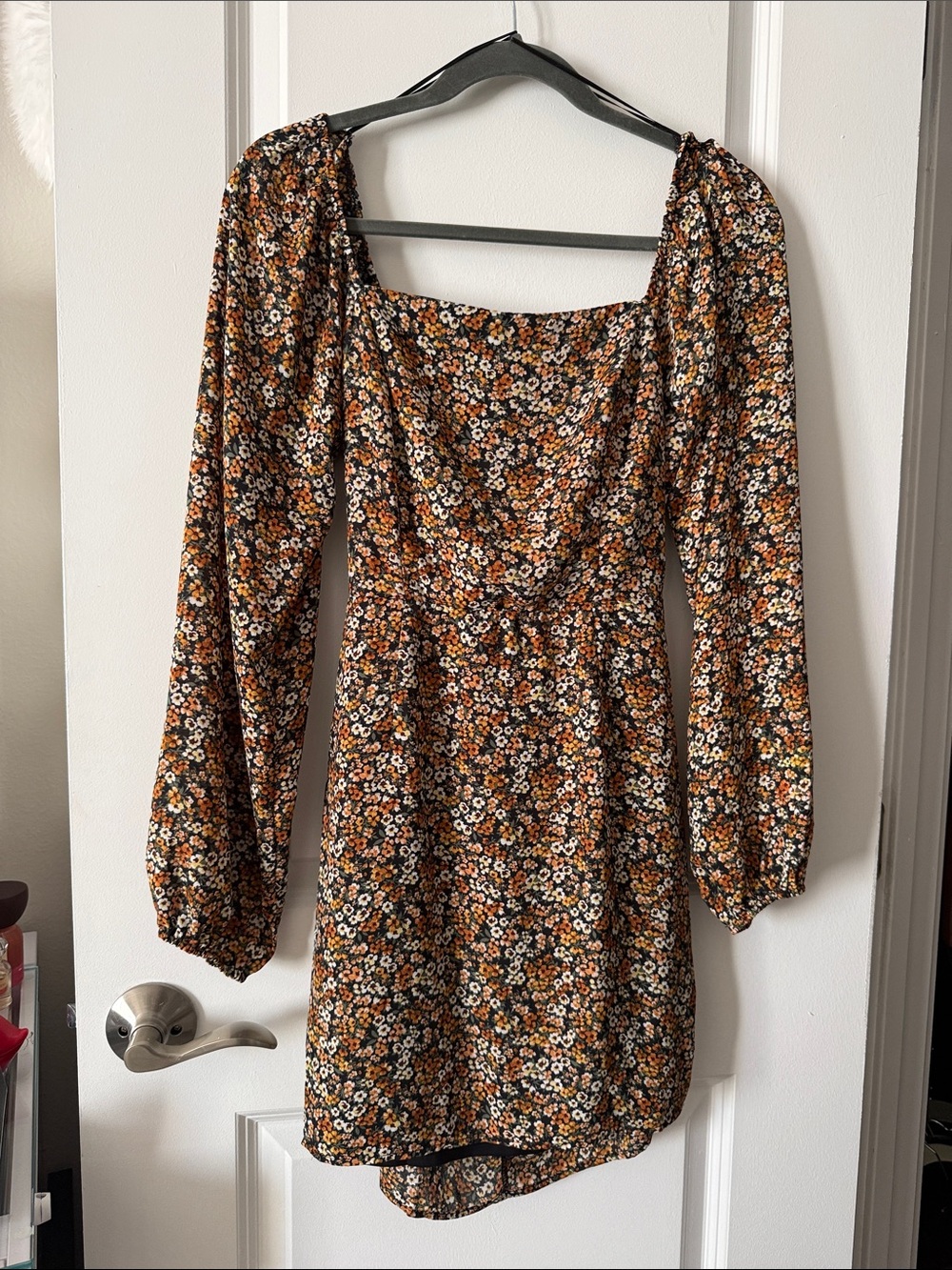 Floral Square-Neck Long Sleeve Mini Dress in Brown